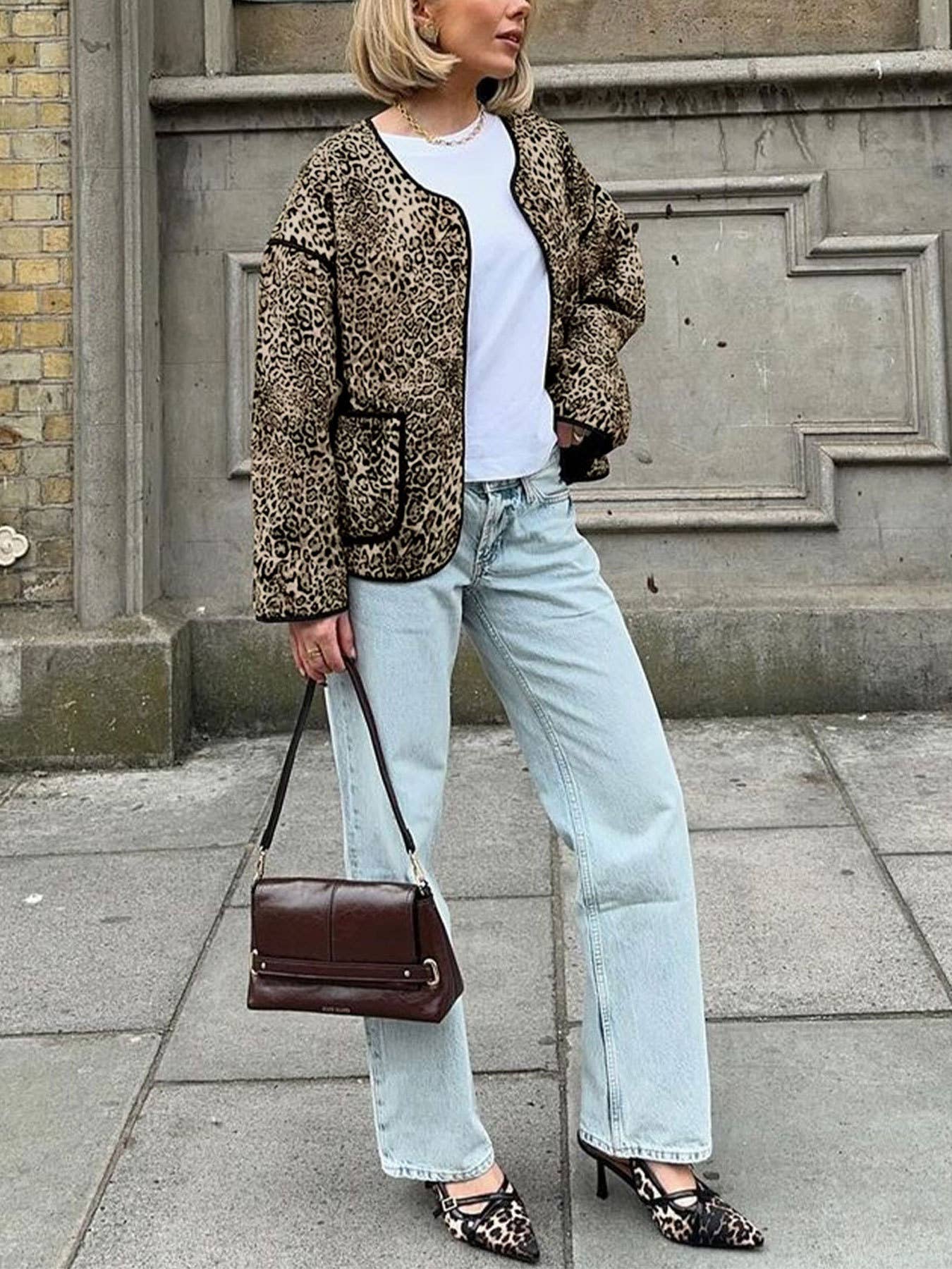 Vintage leopard print crew neck cropped cardigan jacket