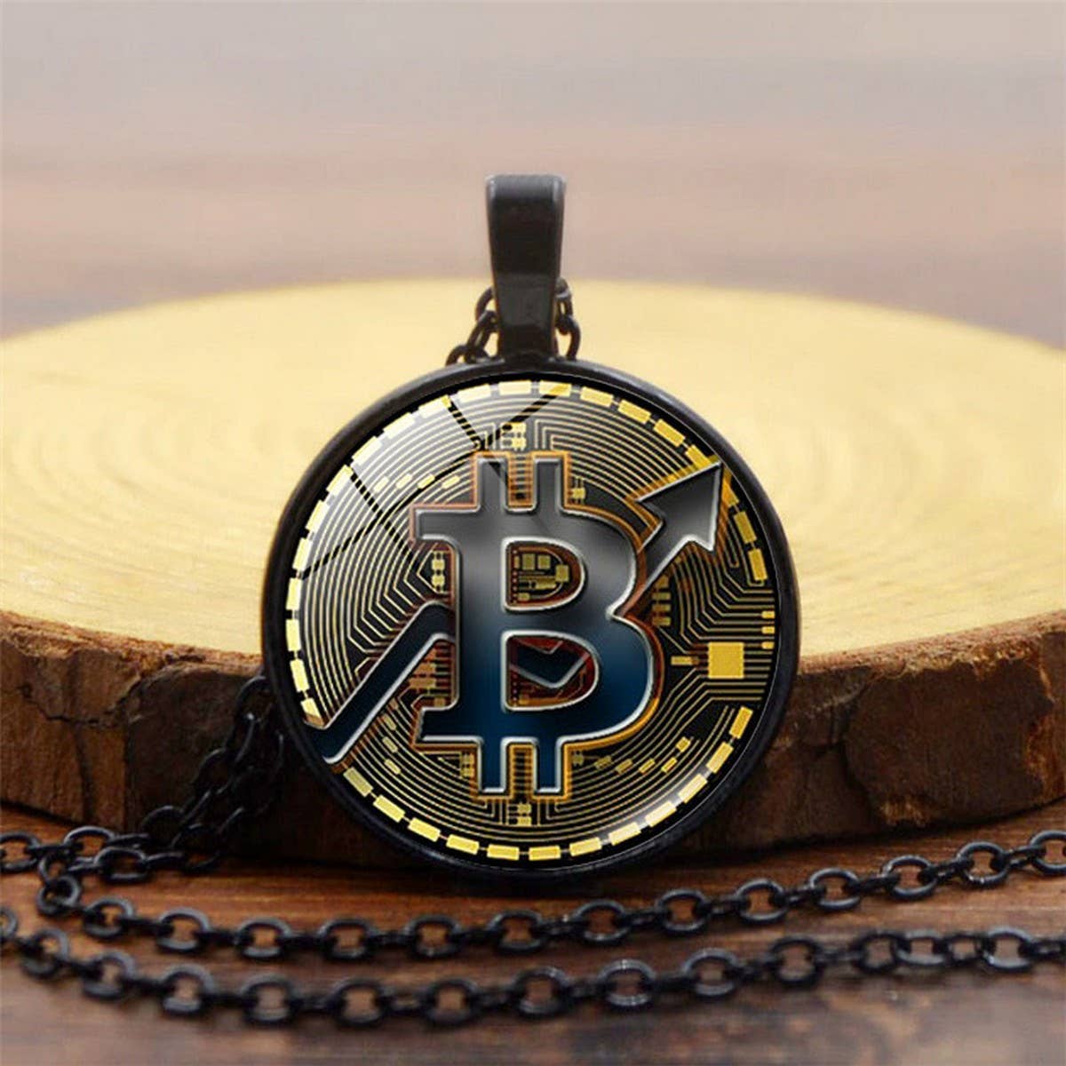 GOLD COIN BITCOIN TIME GEMSTONE PENDANT NECKLACE
