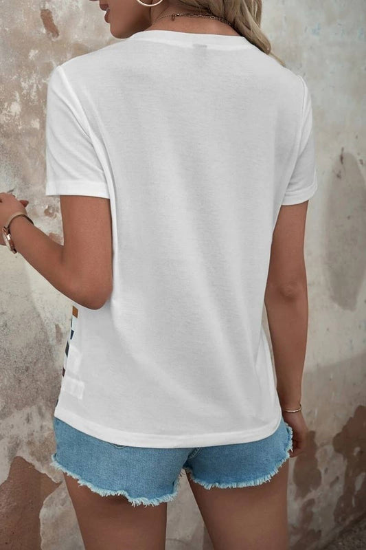 Cwtbls1145_Summer Striped Print Button-Up Short Sleeve Top