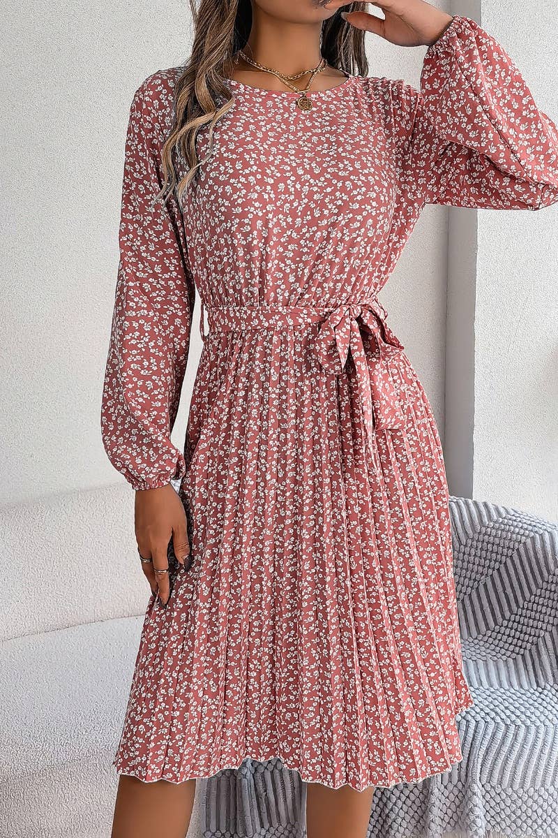 CWDSD4657_LONG-SLEEVED FLORAL PLEATED ONE-PIECE SKIRT