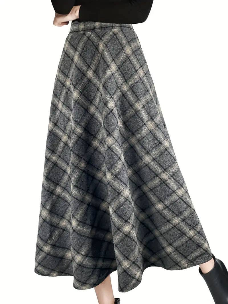 Thickened retro checkered long skirt