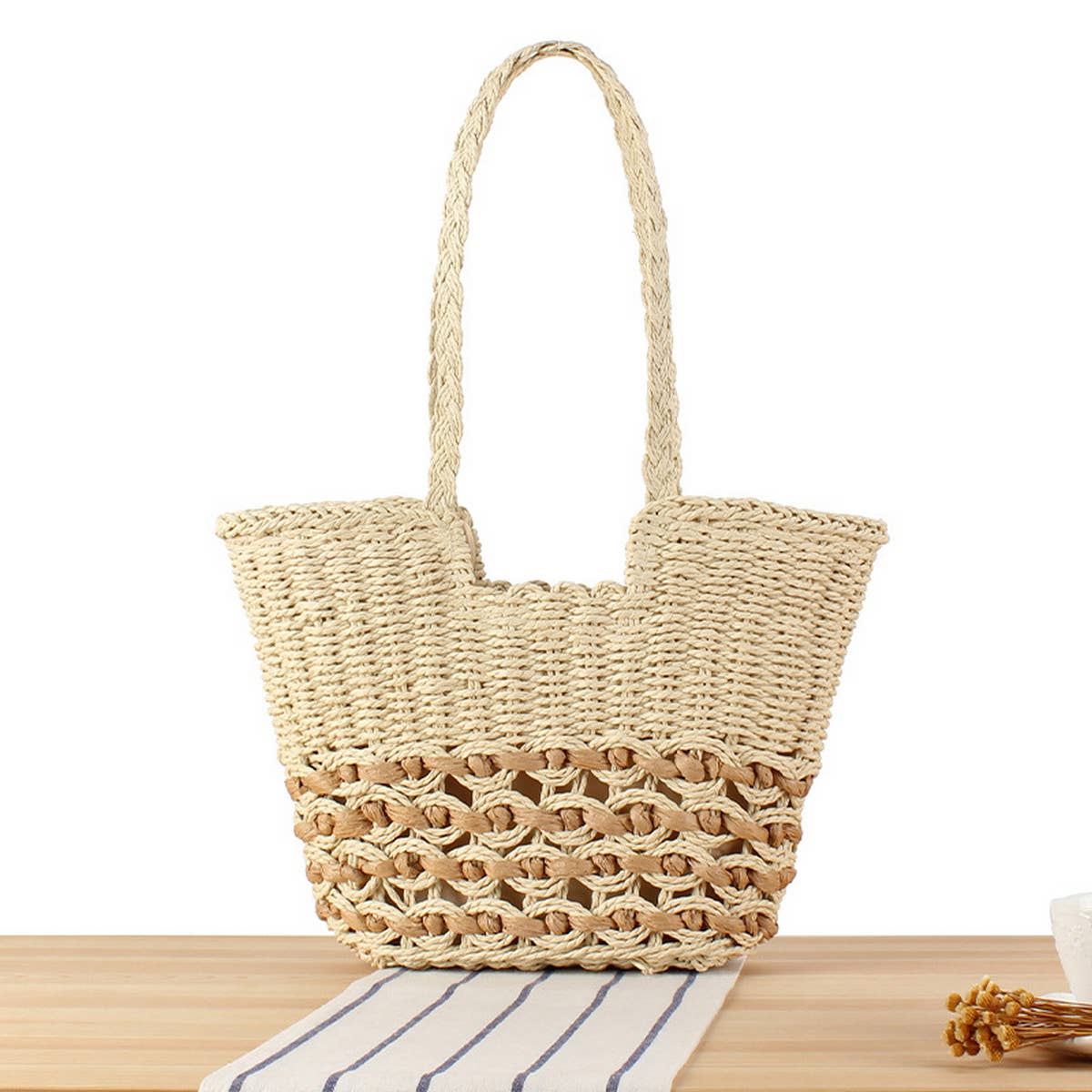 LARGE-CAPACITY BEACH PAPER ROPE HOLLOW WOVEN BAG_CWAB2031