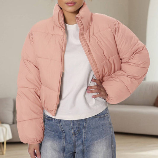 SOLID COLOR STANDING COLLAR WARM SHORT JACKET