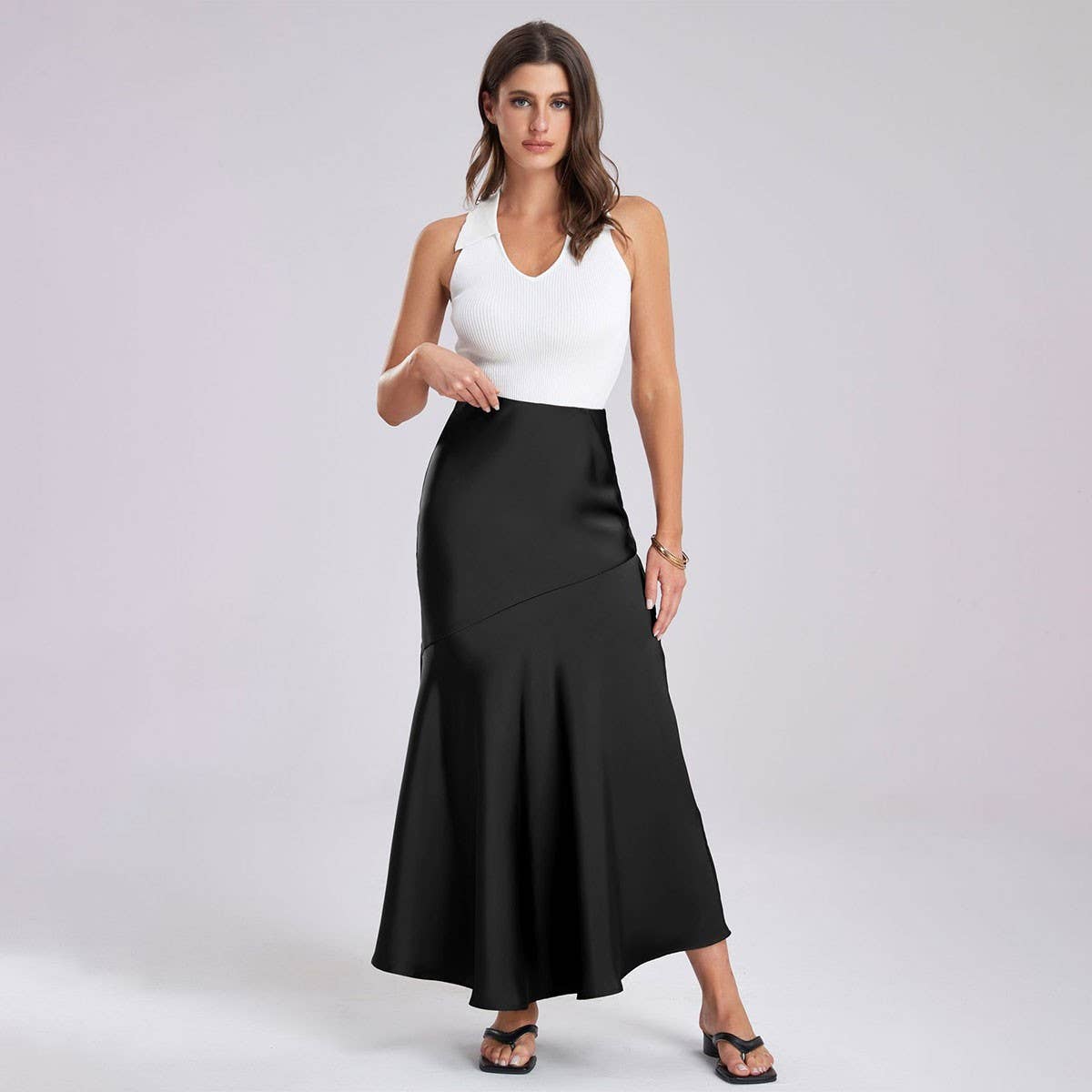 SATIN SKIRT HIGH WAIST STITCHING LONG SKIRT