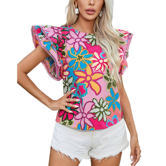 Ruffled ethnic style printed short-sleeved top