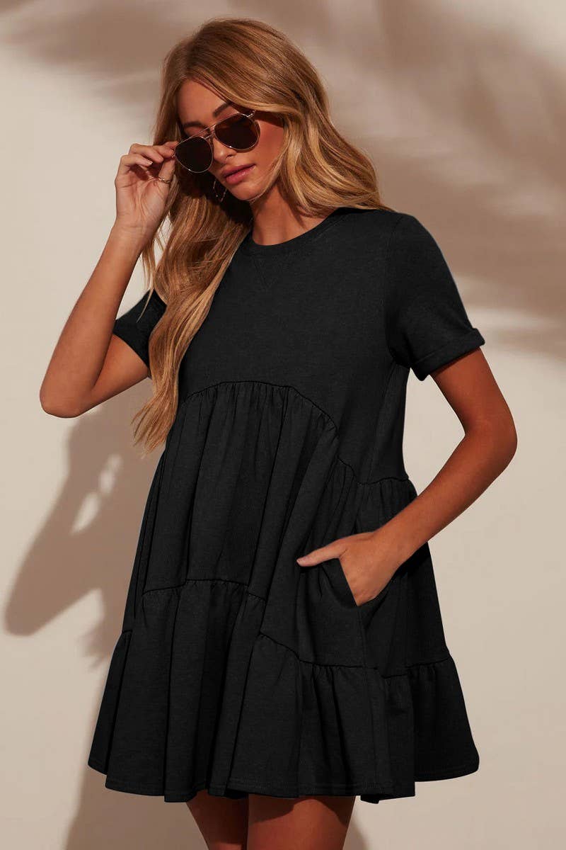 CWDSD7268_ROUND NECK POCKET SHORT SLEEVE PLEATED DRESS