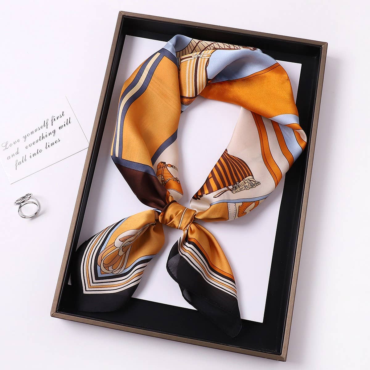 Vintage Letter Print Satin Square Scarf for Women