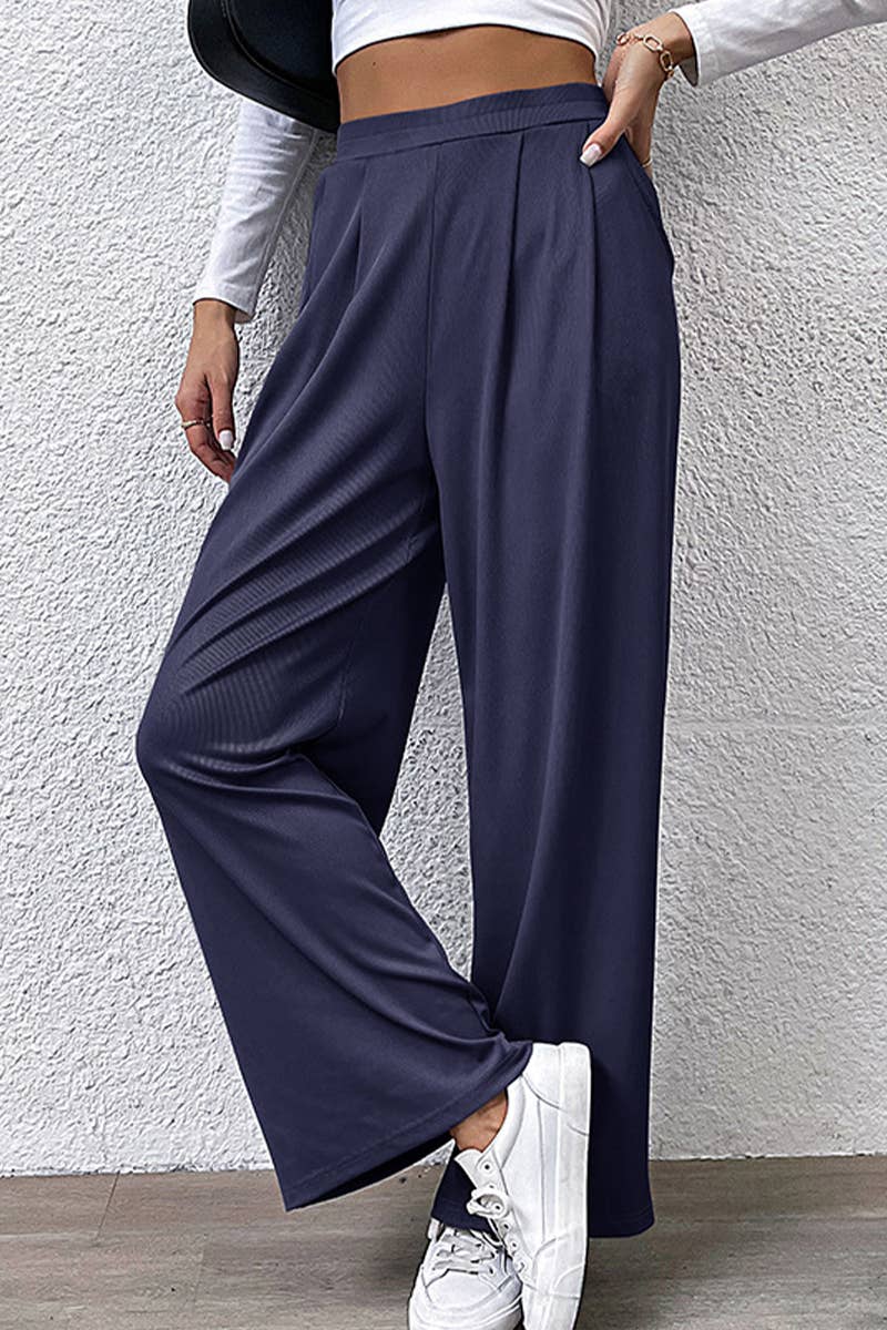 SOLID COLOR PIT STRIPE CASUAL WIDE-LEG PANTS