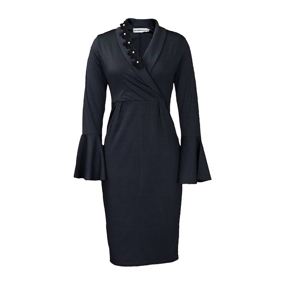 V-NECK ELEGANT TRUMPET SLEEVE SLIT HIP DRESS