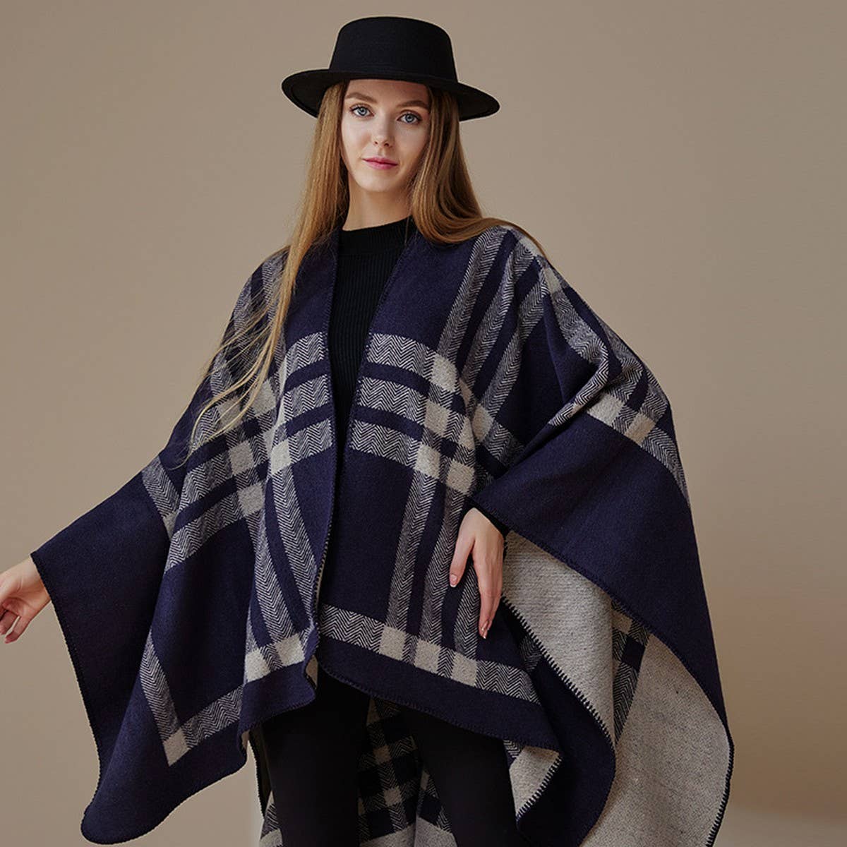 KNITTED WOOL PLAID LARGE SHAWL SCARF CLOAK