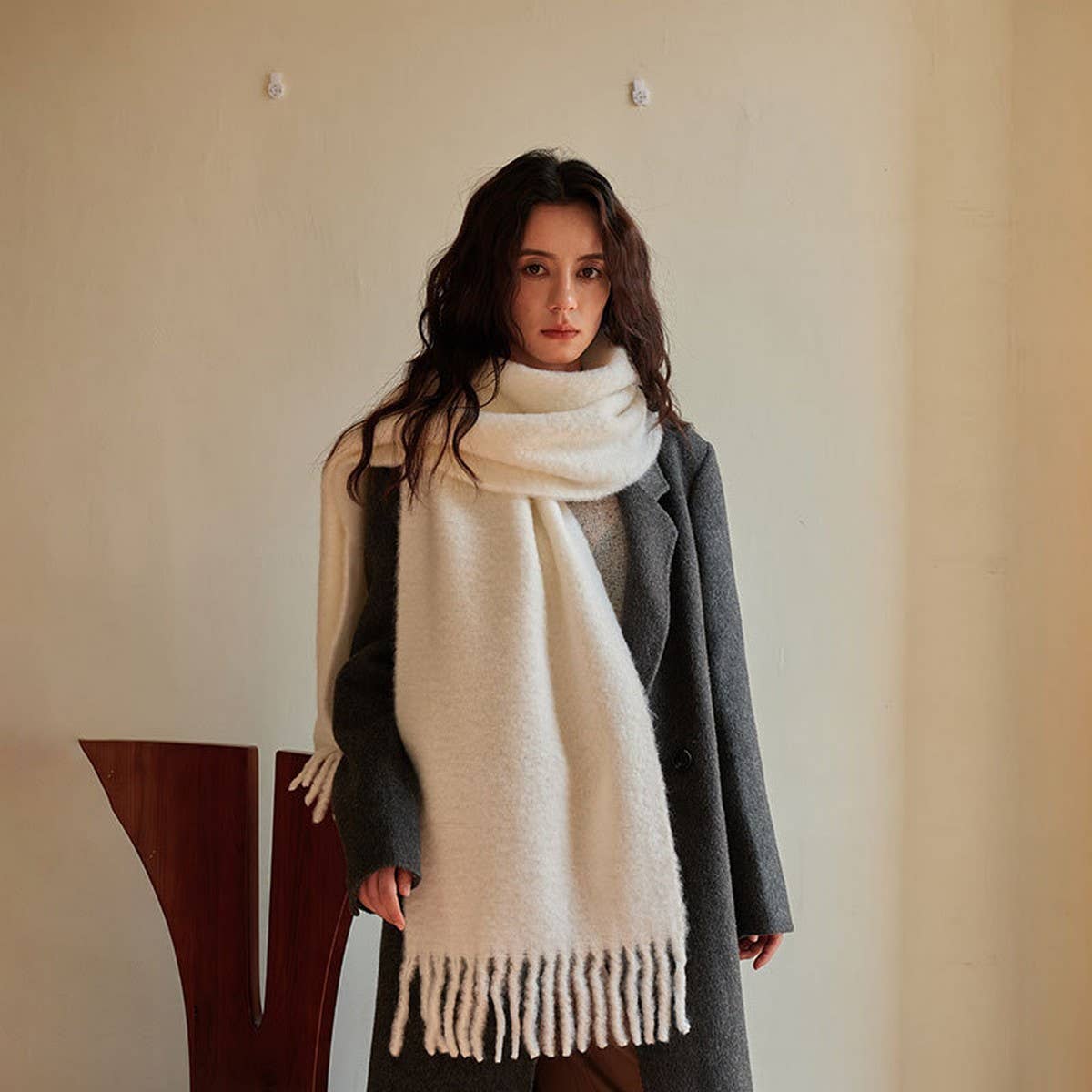 Soft Merino Wool Solid Scarf ??White Winter Wrap_CWASC2294
