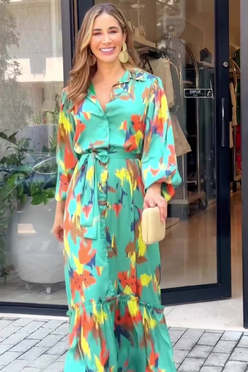 WOMENS LACE UP LONG SLEEVED PRINTED DRESS_CWDMD0714