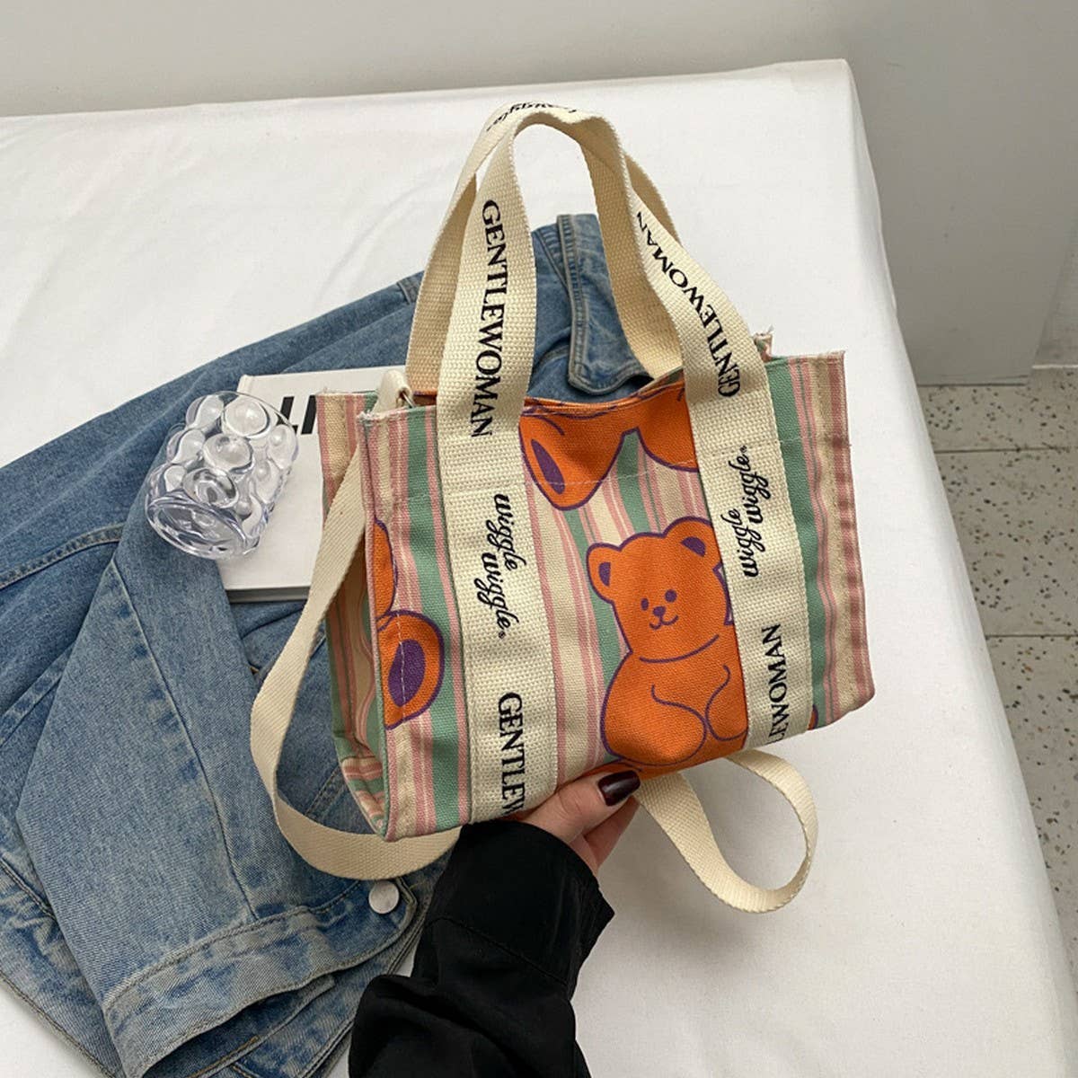 CUTE BEAR COLORFUL LETTER PRINT CANVAS BAG_CWAB2684