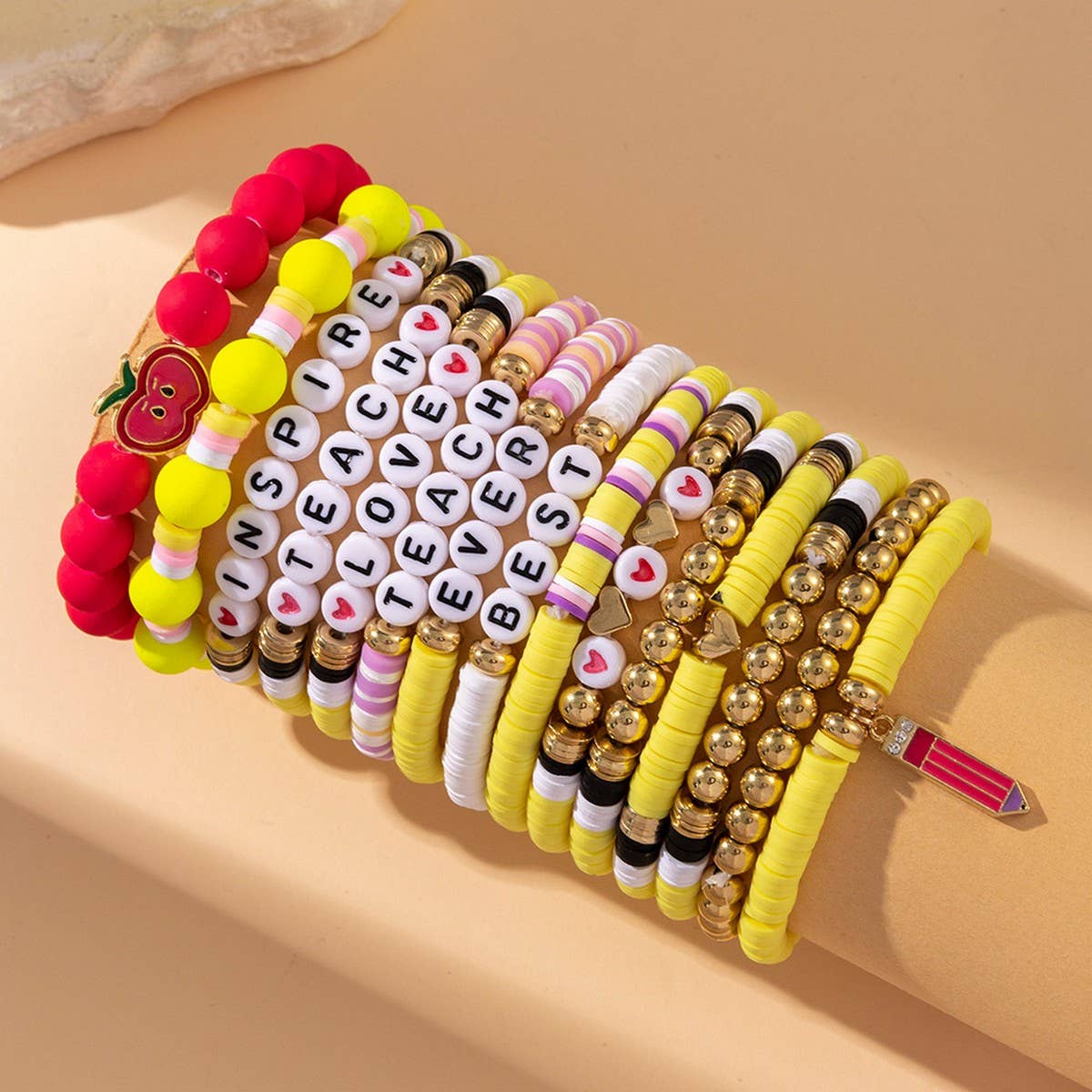 LOVE APPLE LETTER SOFT CLAY ELASTIC BRACELET SET