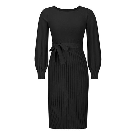 Knit slim-fit pleated long bottom sweater dress