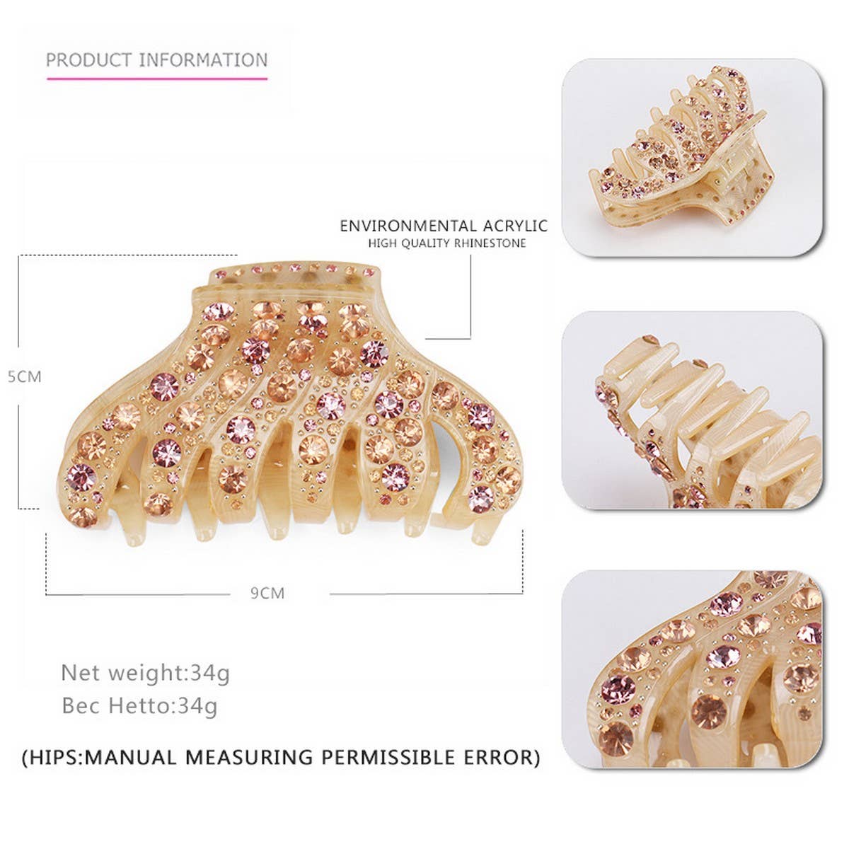 Rhinestone Acrylic Hair Claw, 6-Line Sparkle Clip