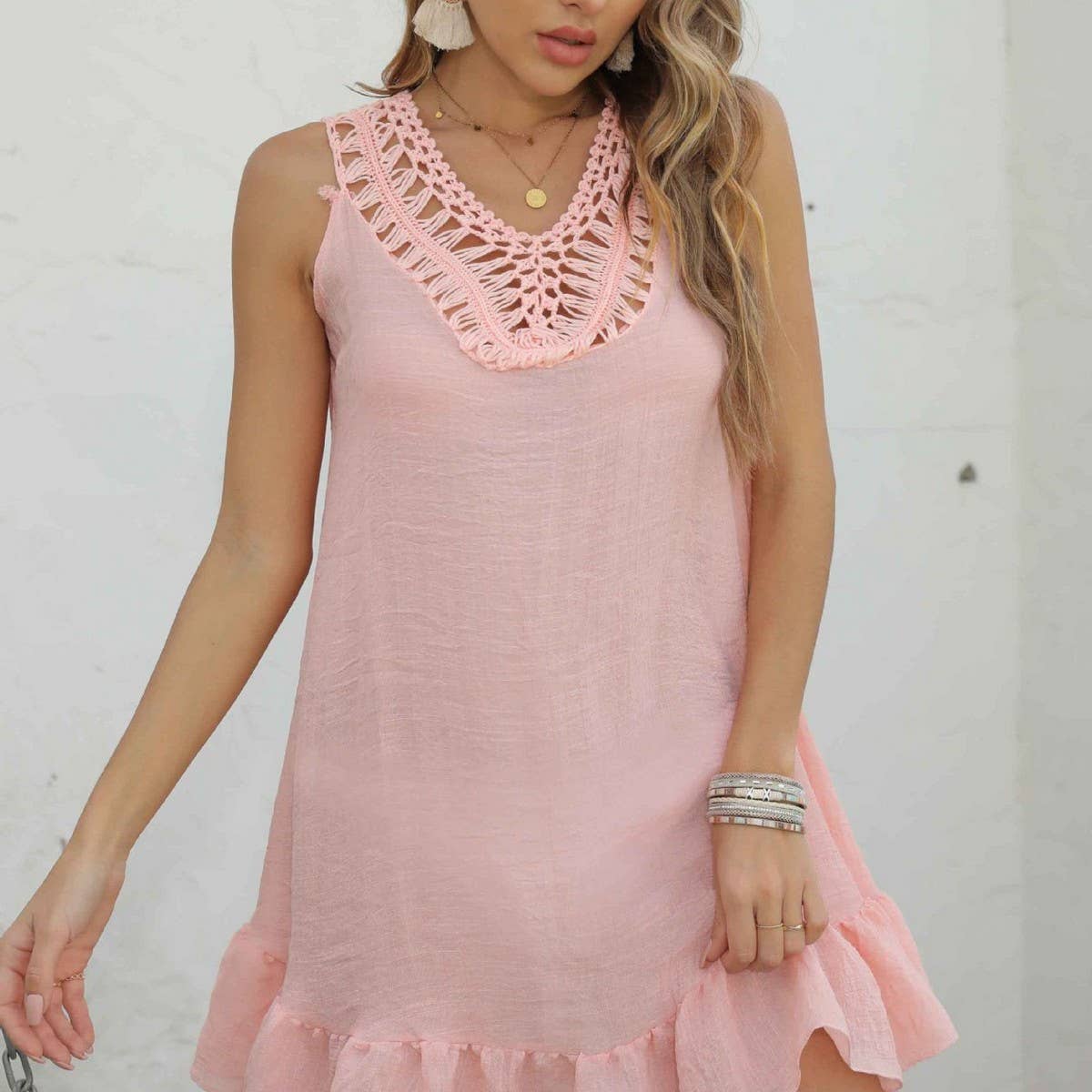 SLEEVELESS FRINGE BEACH SWIMSUIT COVER-UP_CWASC2380