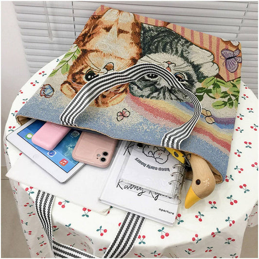 CUTE CAT EMBROIDERED CANVAS SHOULDER BAG TOTE BAG_CWAB1676