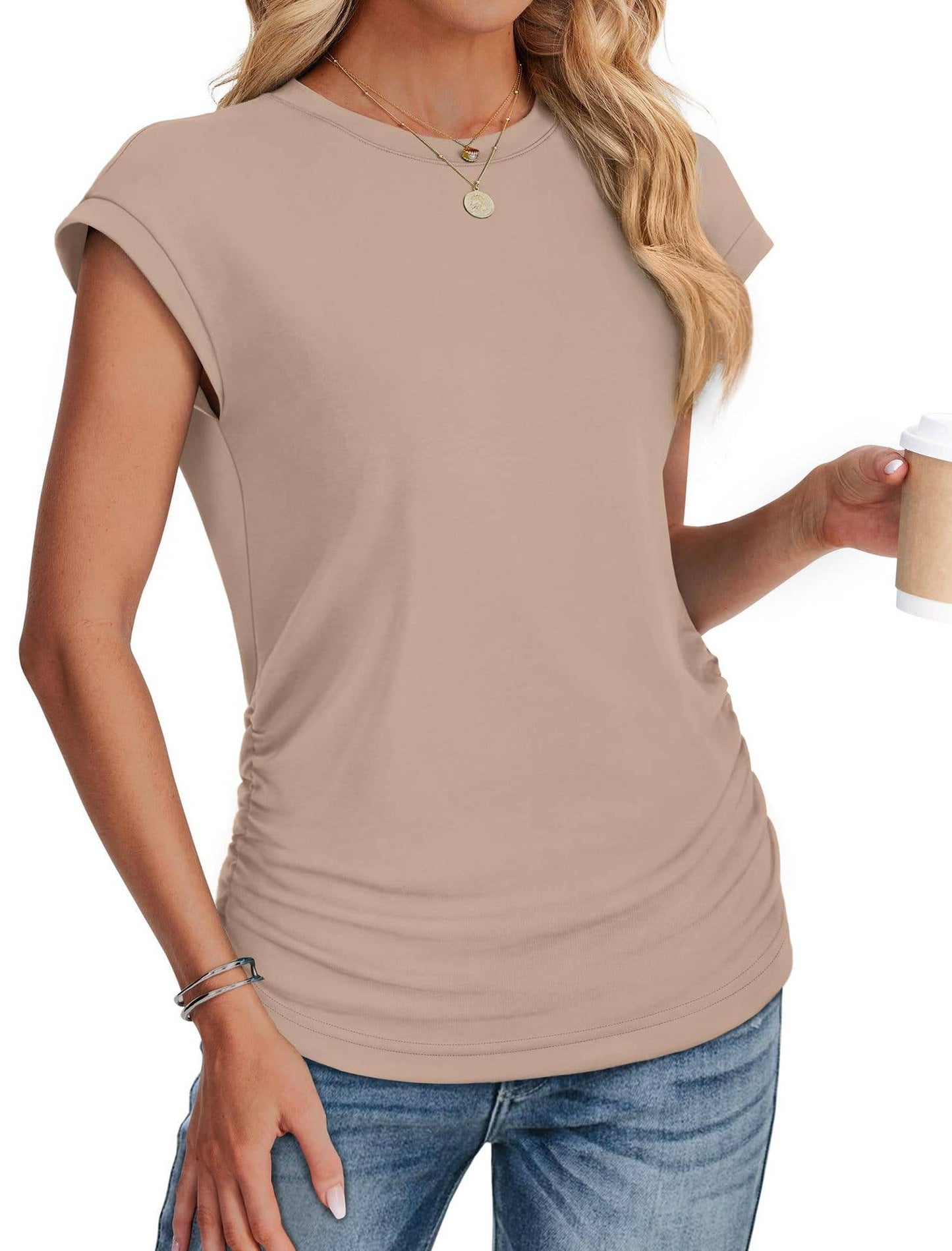 Solid color round neck waistline T-shirt