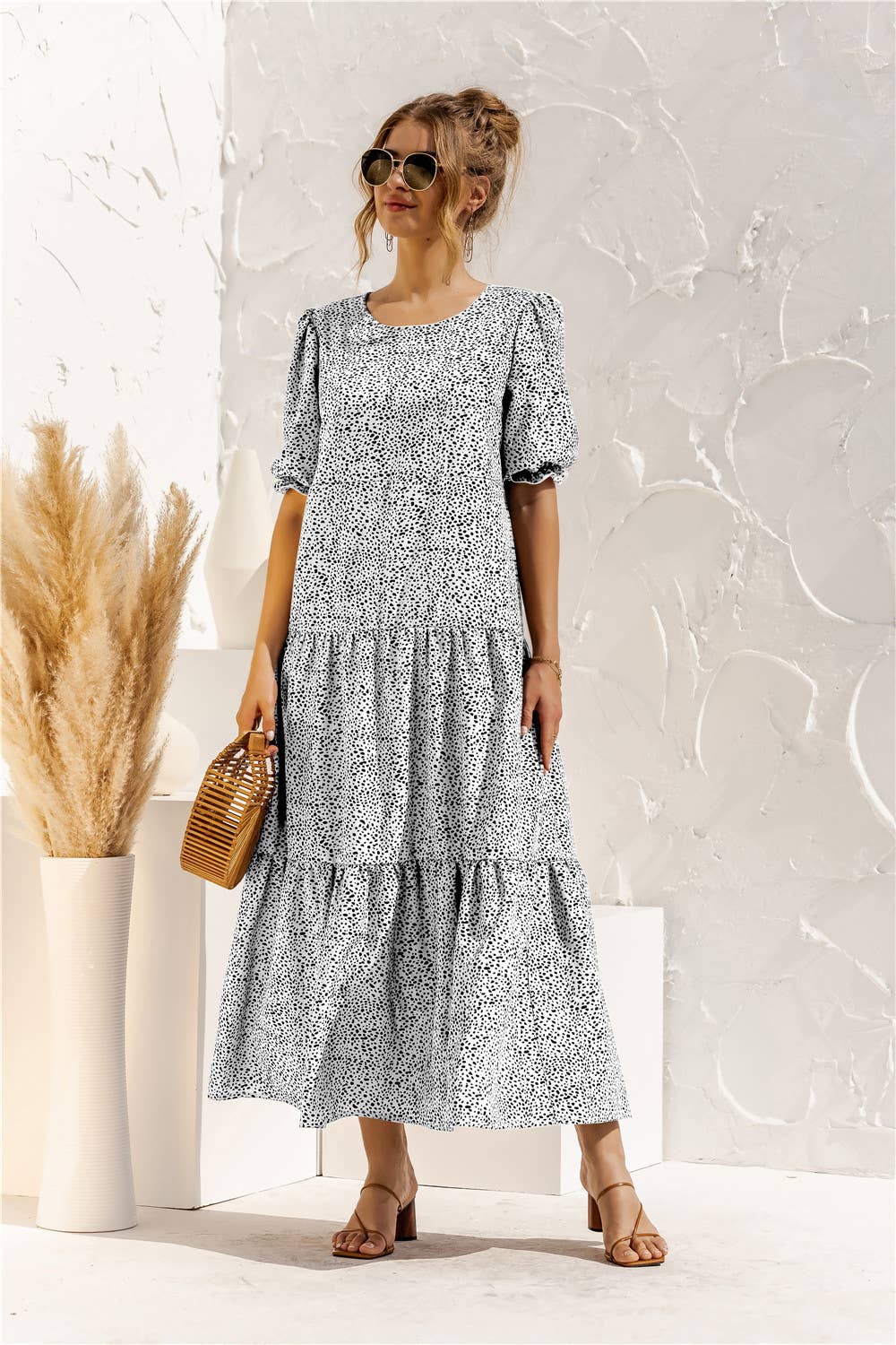 Puffed sleeve polka dot plaid patchwork dress