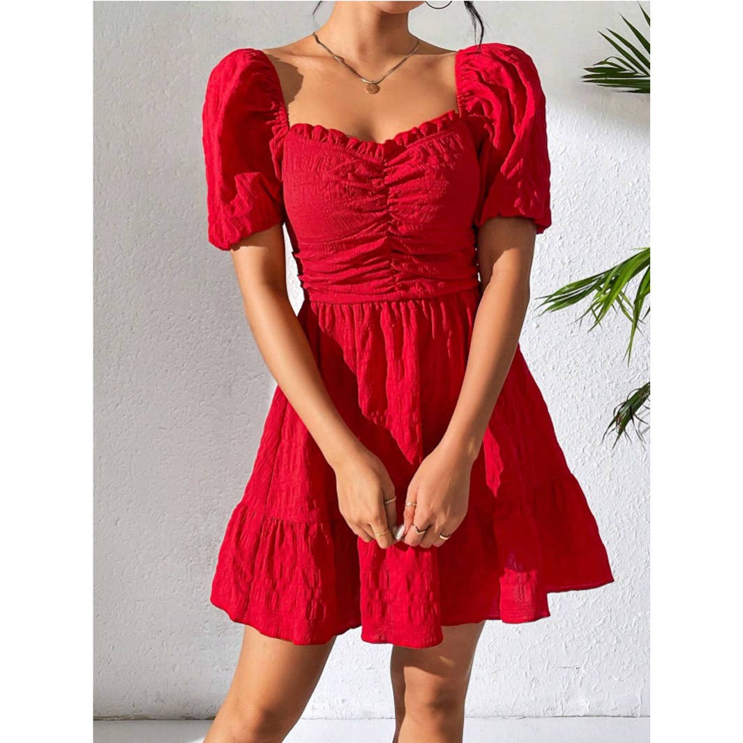 Solid-color square-neck short-sleeved dress