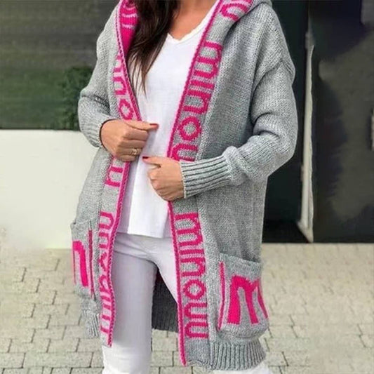 HOODED LETTER KNIT LONG SWEATER COAT