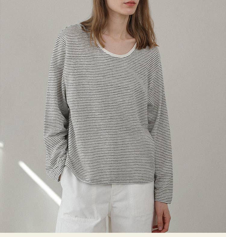LONG SLEEVE LOOSE COTTON LINEN STRIPED T-SHIRT