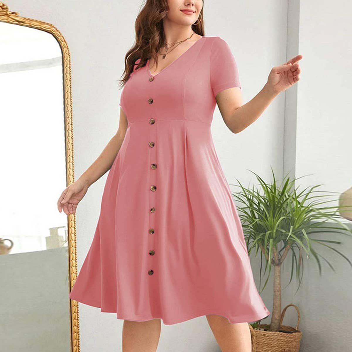 V NECK SINGLE ROW BUTTON SHORT SLEEVE SWING DRESS