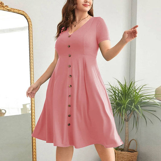 V NECK SINGLE ROW BUTTON SHORT SLEEVE SWING DRESS