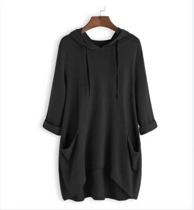 HOODED SOLID COLOR BAGGY IRREGULAR POCKET TOP