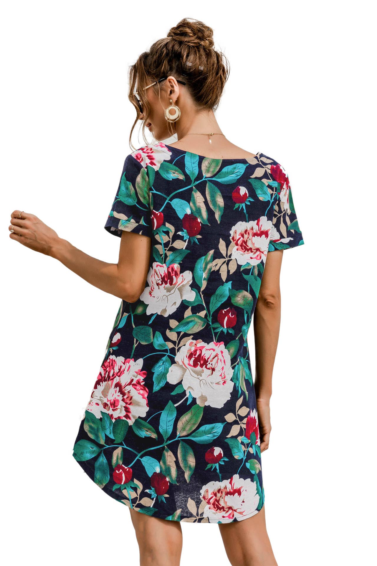 SHORT SLEEVE COTTON AND LINEN FLORAL PRINT DRESS