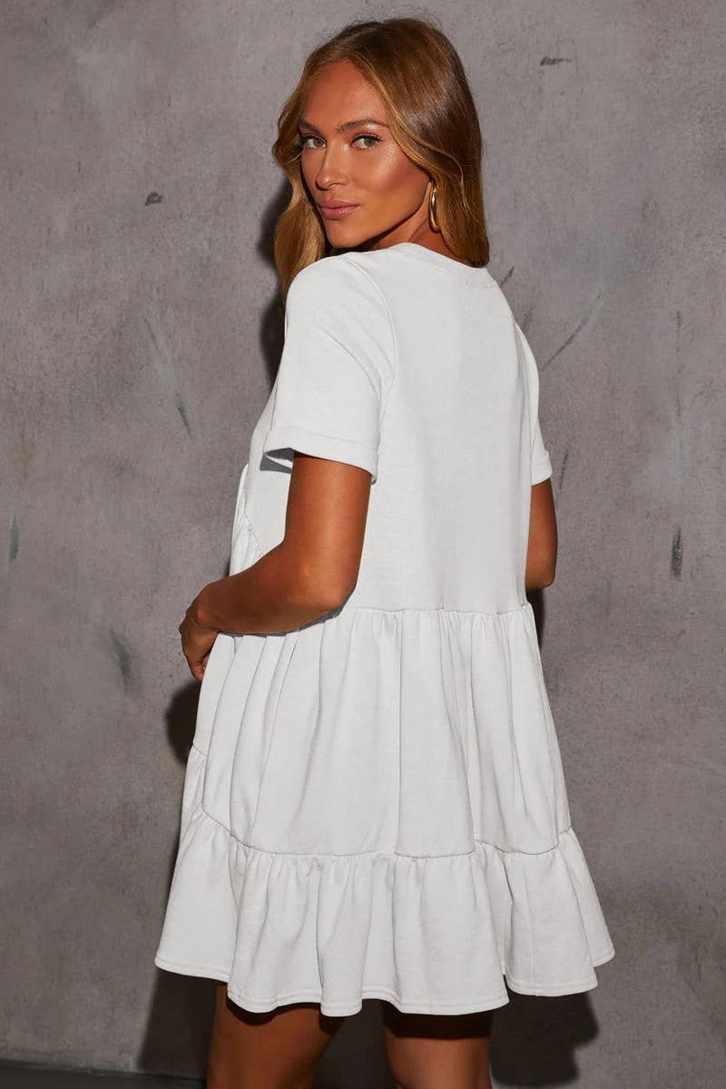 CWDSD7268_ROUND NECK POCKET SHORT SLEEVE PLEATED DRESS