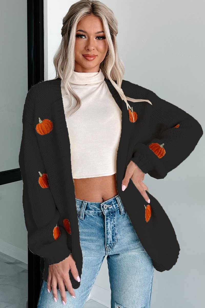 CWOSWL07740_PUMPKIN EMBROIDERED KNIT CARDIGAN SWEATER