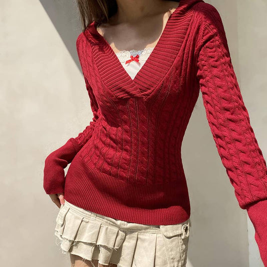 VINTAGE SOLID COLOR DARK V-NECK HOODED SWEATER