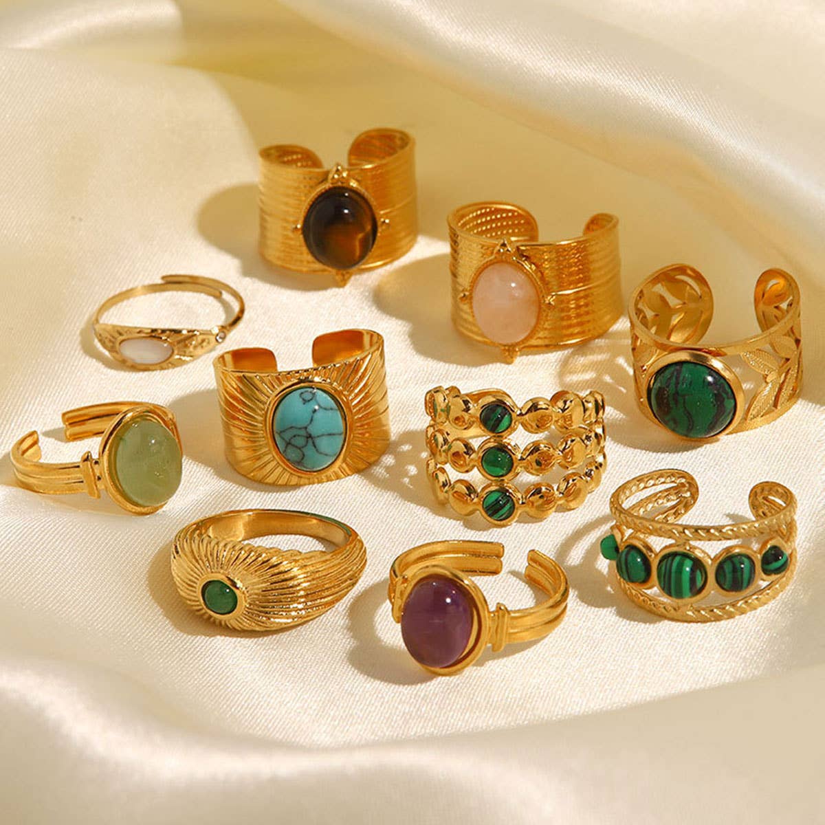 GOLD STAINLESS STEEL INLAID NATURAL STONE RINGS