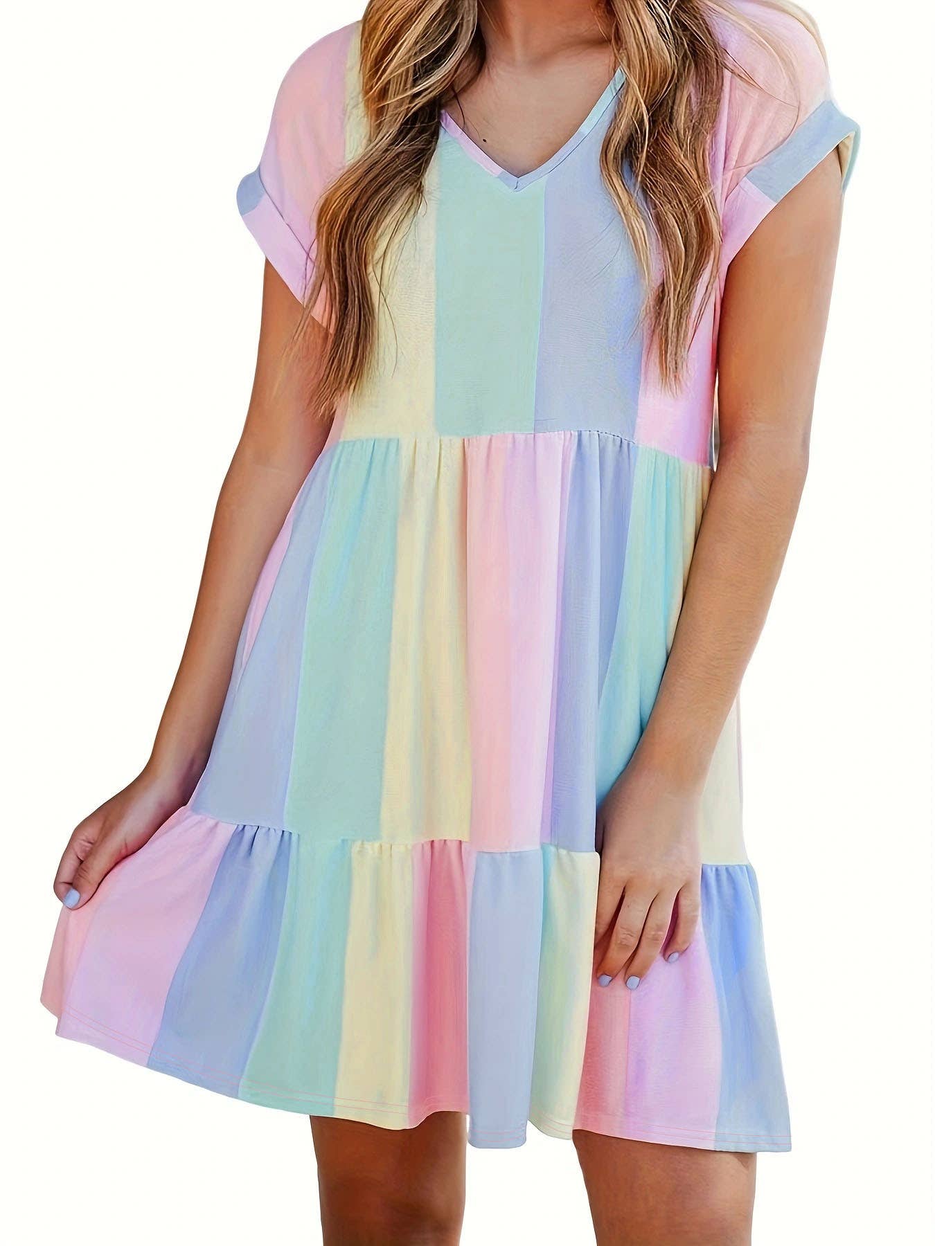 Multi-color contrasting printed V-neck dress