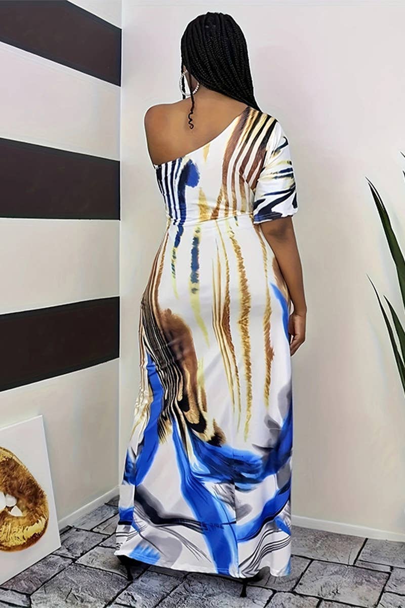 PRINTED ONE-SLEEVED DRESS WITH SLOPING SHOULDERS