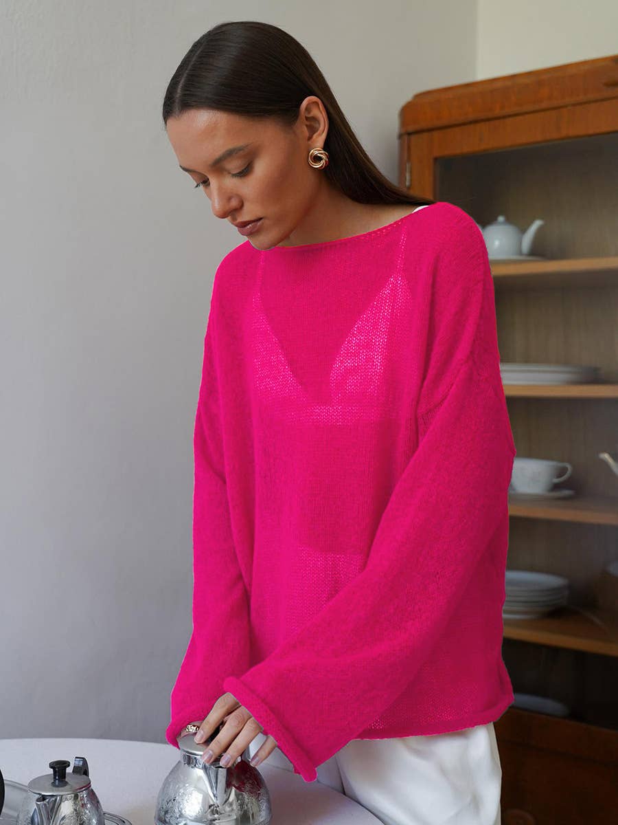 See-through round-neck flared sleeve T-shirt