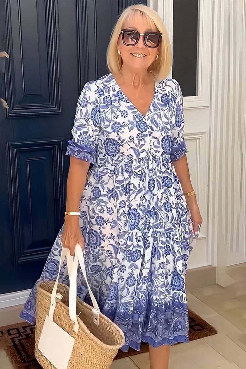 CWDSD10560_ELEGANT LONG FLORAL TIE-DYE PRINT DRESS