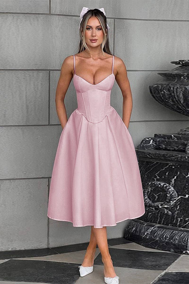 CWDMD5068_SPRING V-NECK SOLID COLOR WAIST SUSPENDER DRESS