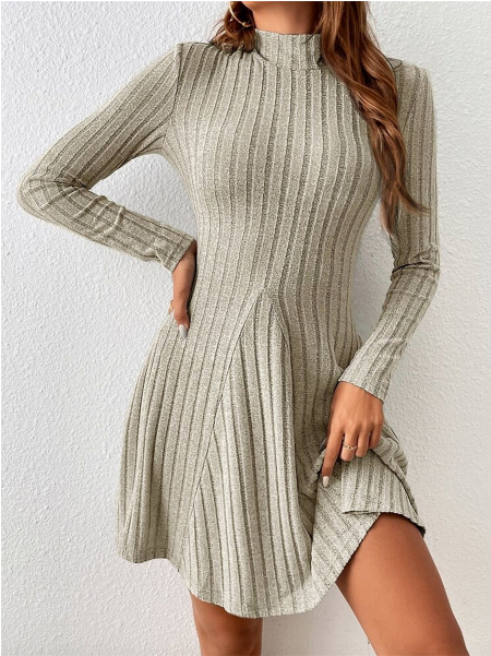 KNIT CASUAL SEMI-TURTLENECK PIT STRIPE DRESS
