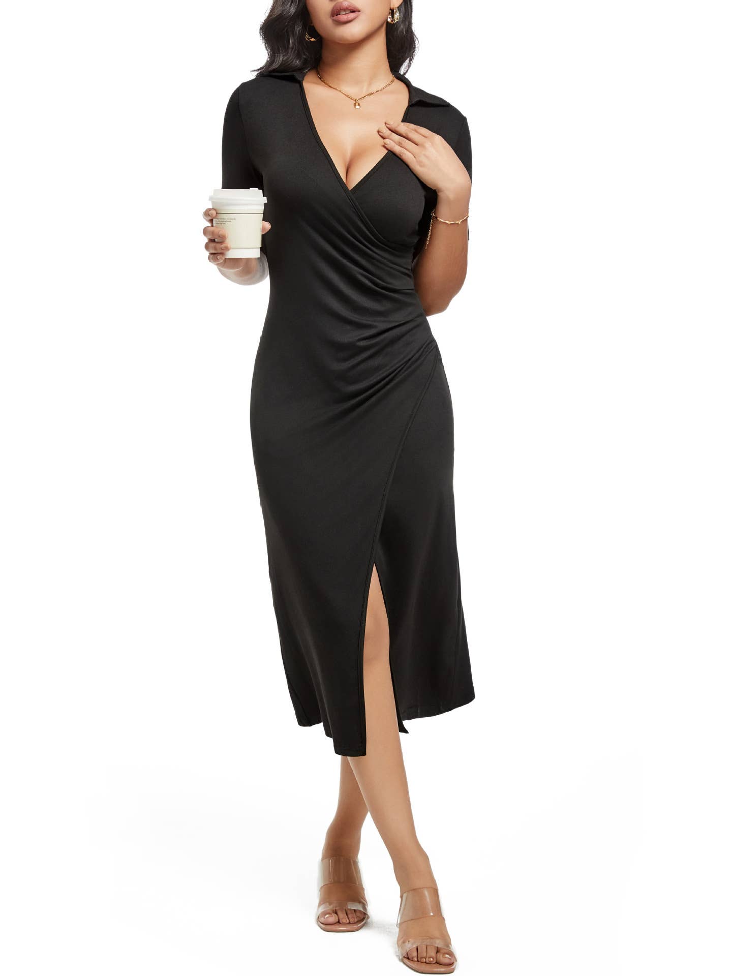 POLO COLLAR CROSS PLEATED SLIT KNITTED LONG DRESS