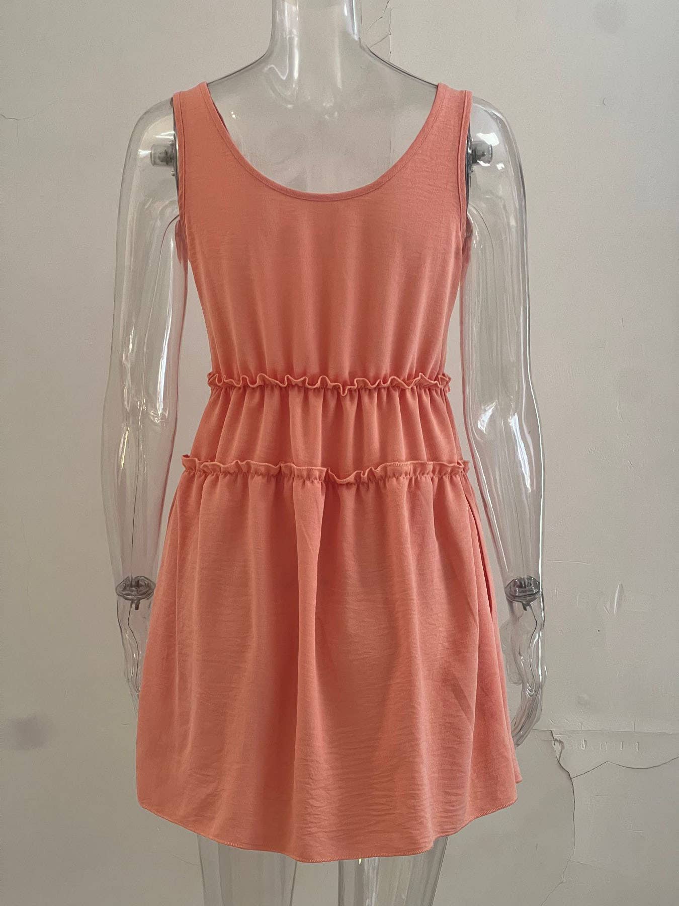 Lace solid-color short cinched-waist vest dress