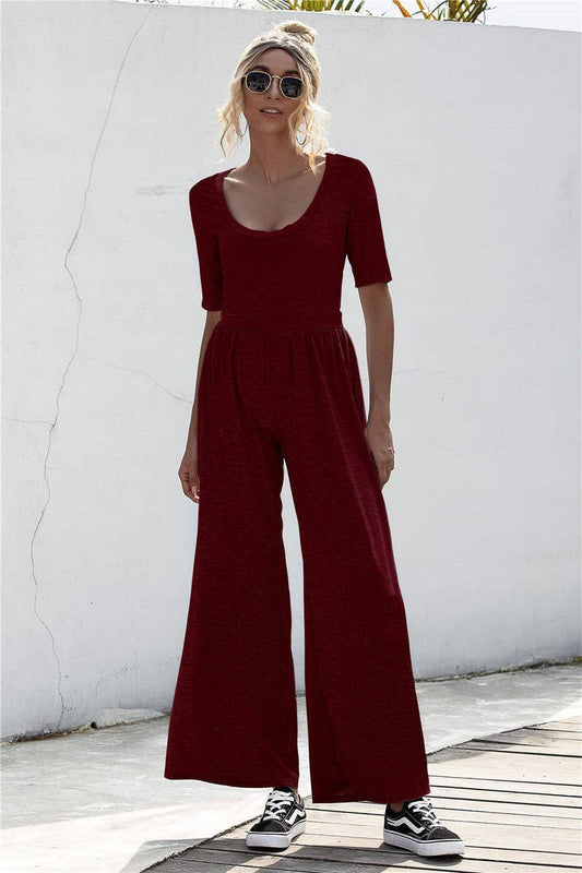 SOLID COLOR SHORT SLEEVED WIDE LEG LOOSE JUMPSUIT_CWSJS0428