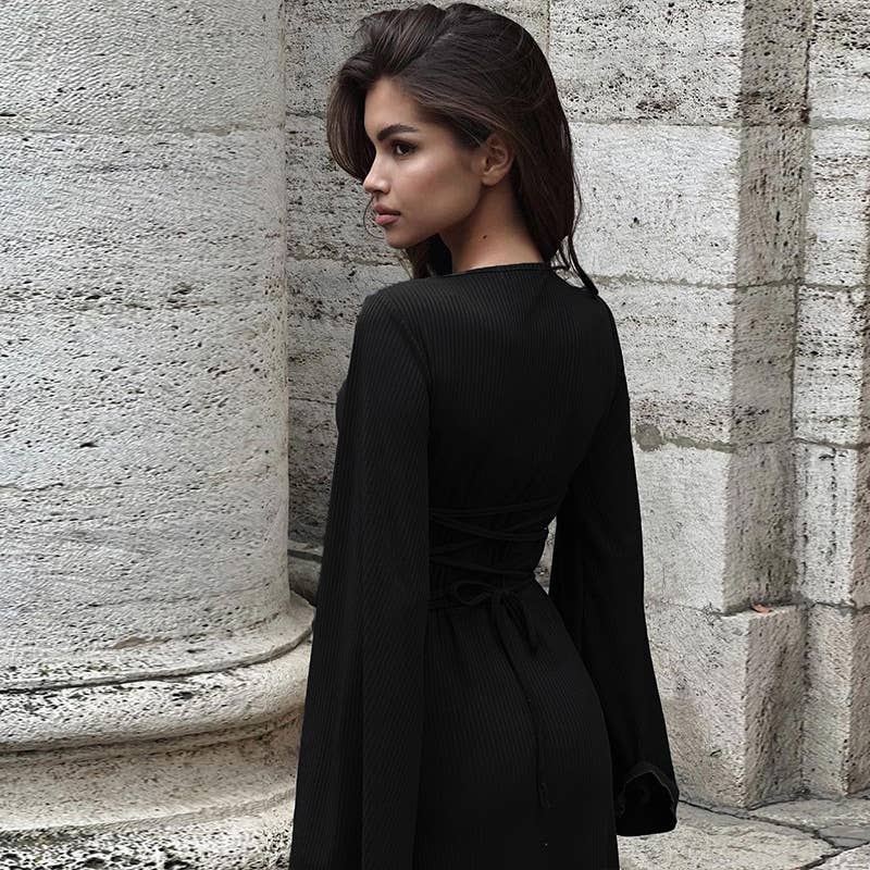 Big Pit Strip Long Sleeve U-Neck Dress_Cwdmd3185