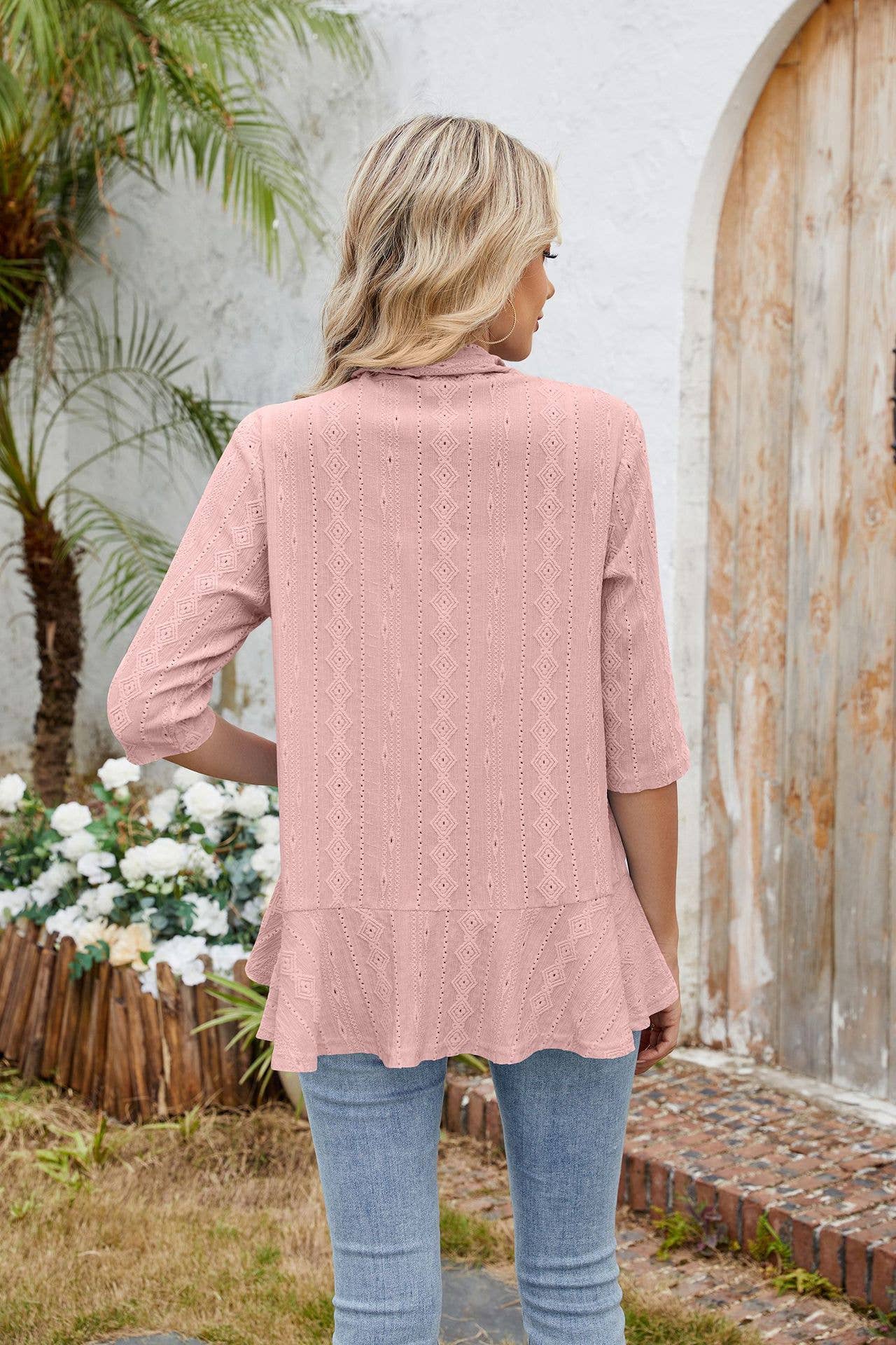 Three-quarter sleeve ruffled solid color cardigan