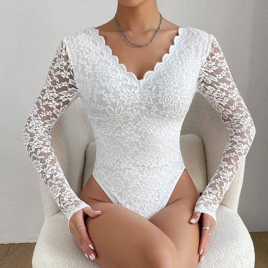 SOLID COLOR LACE LONG SLEEVE HOT GIRL SLIM BODYSUIT_CWMM4627
