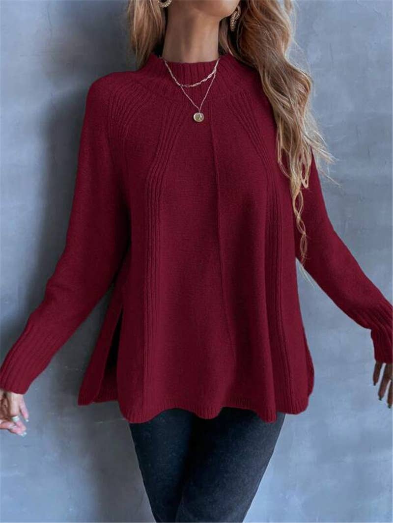 Versatile slit knitted long-sleeved sweater
