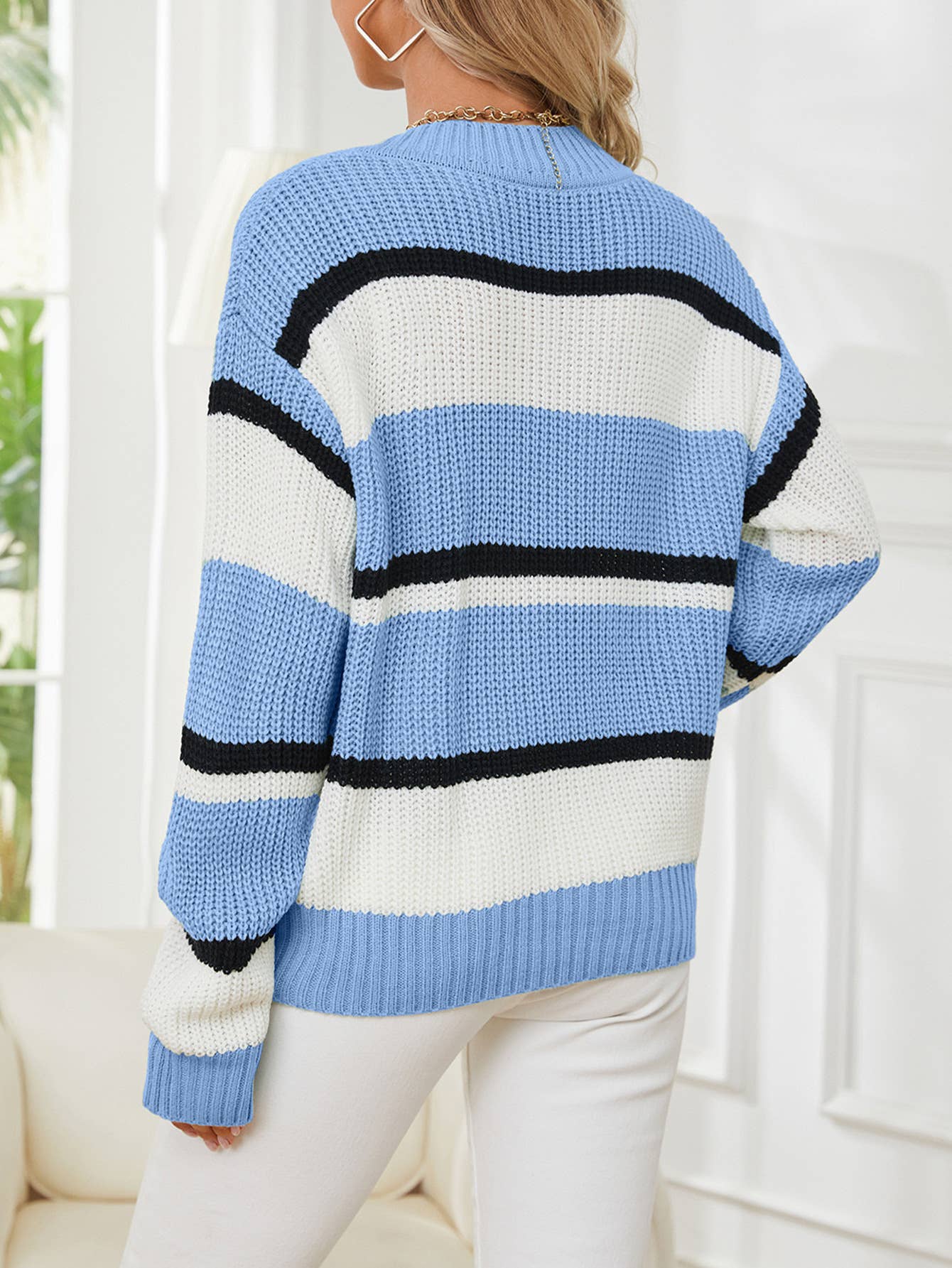 Striped V-neck loose knitted pullover sweater