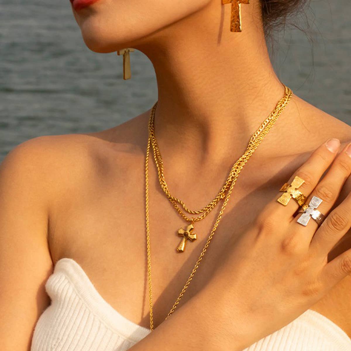 FRENCH PLEATED GOLD CROSS DOUBLE NECKLACE